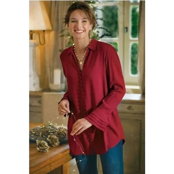 Soft Surroundings Moroccan Red Crepe Poet Blouse Ruffled Sleeve S - Picture 1 of 8